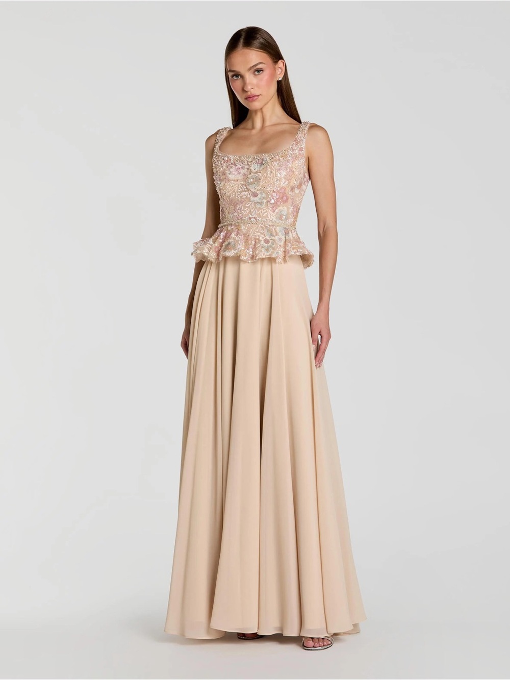Mac Duggal 21317 Beige Embroidered Peplum Top With Chiffon Skirt Gown Sz 10 NWT